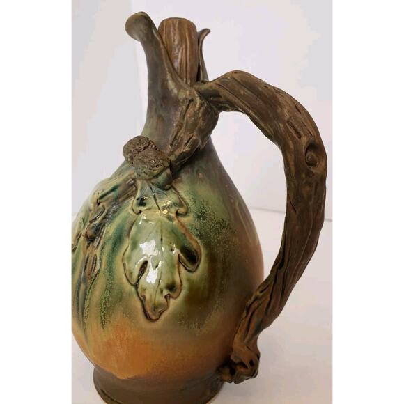 Vintage Artisan Pottery Ewer Jug w/ Stopper Oak Leaves Acorn Twig Fall Signed - Picture 3 of 14